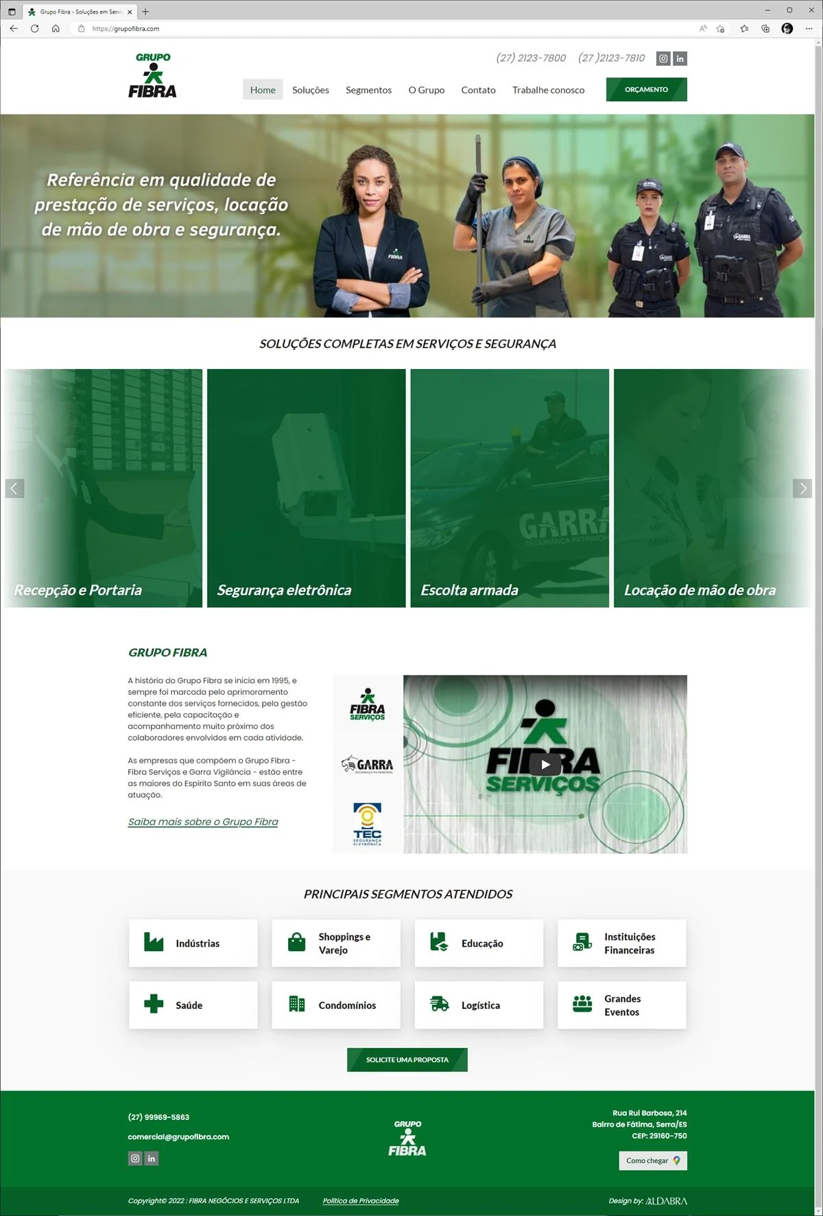 Projetos de Criar site: Página inicial do site criado para o Grupo Fibra