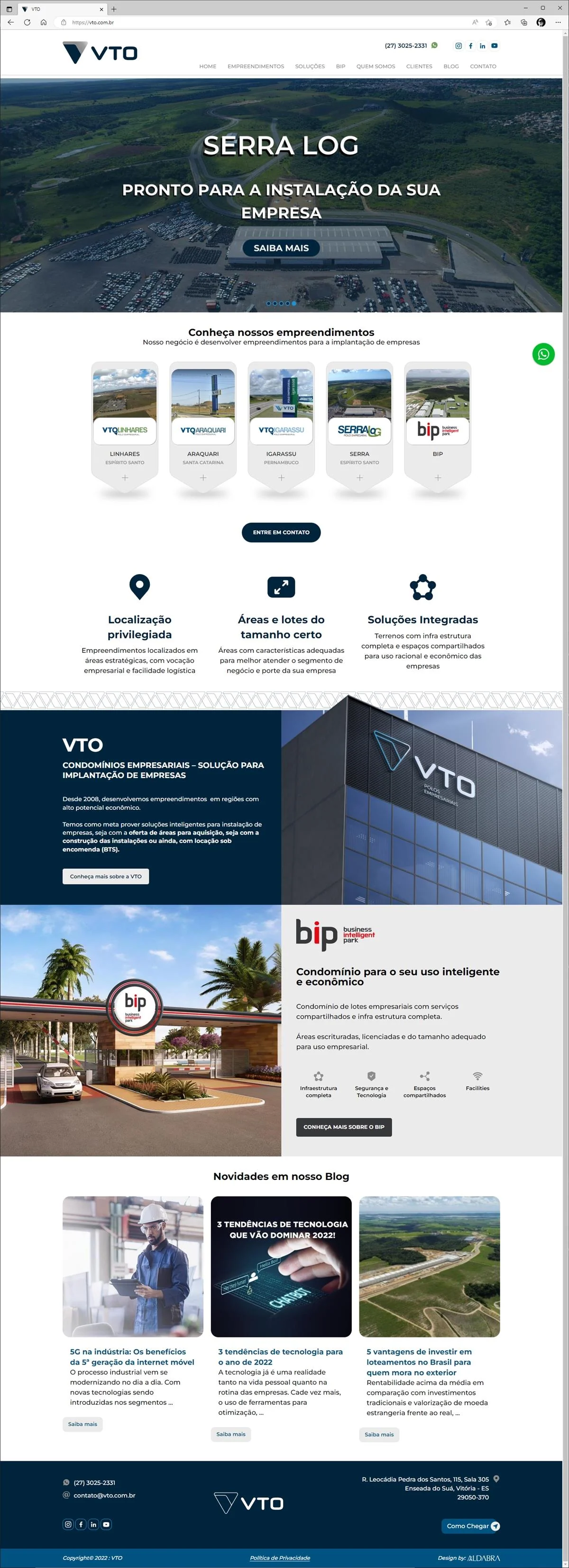 Projetos de Criar site: Página inicial do site criado para a empresa VTO